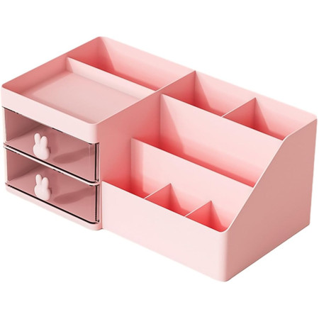 Cutie de Depozitare pentru Birou,  Pentru Makeup, Papetarie, Organizator Cosmetice, 2 Sertare si Compartimente Multiple, Model Iepuras, Plastic, 27.5x15.5x12 cm, Roz