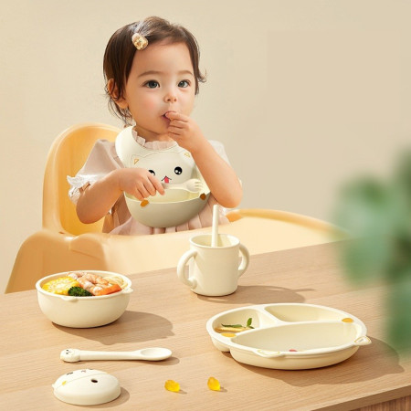 Set 7 Piese Hranire Bebelusi si Copii, Cyrax, din Silicon, fara BPA, de la 12 Luni, Model Pisicuta, 30 x 25 x 6 cm, Bej