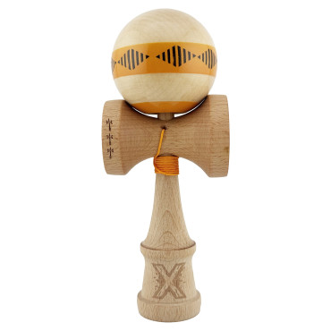 Kendama X FREQUENCY Originala, Profesionala, Cyrax, Big Cups V2, Super Sticky cu Cupe Mari, Rulment Metalic, din lemn 18 cm, Ata 55 cm, Portocaliu/Maro