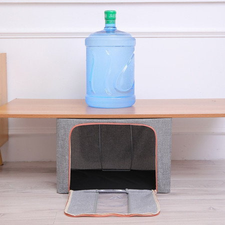Cutie de Depozitare Pliabila,  66 L, din Bumbac si In, 50x40x33 cm, Fereastra Frontala, 2 Usi de Acces cu Fermoar Bidirectional, Cadru Metalic, Suport Baza Stabil din Plastic, Gri
