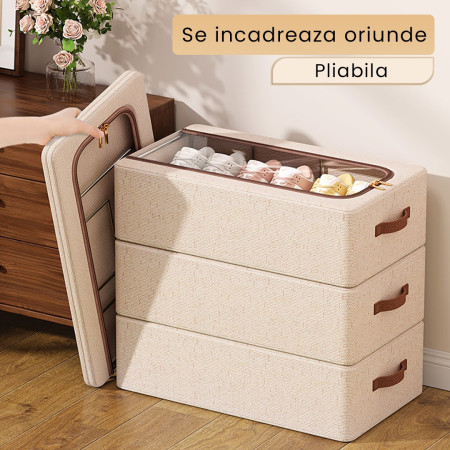 Cutie Depozitare cu Cadru Metalic,  pentru Incaltaminte, Haine, Lingerie, Fermoar Calitativ, Fereastra Transparenta, Manere Laterale, 60 x 30 x 15 cm Bej