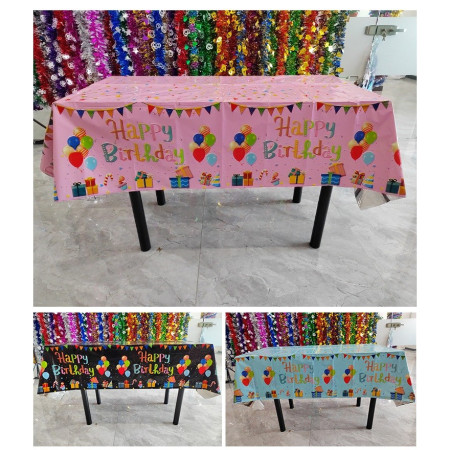 Fata de Masa, Cyrax, din Folie, Imprimeu Happy Birthday cu Baloane, 137 x 274 cm, Negru