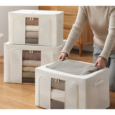 Cutie de Depozitare Pliabila,  Cu Fereastra si Fermoar Dublu, 66 L, Textil Premium, 50x40x33 cm, Cadru Metalic, Impermeabila, Bej