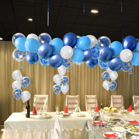 Set 16 Baloane din Latex Metalizate, Cyrax, Model Party, 30 cm, Alb, Albastru, Albastru Chrome, Transparent Confetti 2.8 g