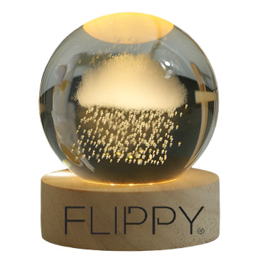 Lampa LED Decorativa,  cu Bila de Cristal cu Diametru 6cm, Model Nor Ploios 3D, Alimentare USB, Suport din Lemn, Lumina Alb Cald