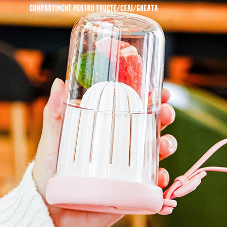 Pahar din silicon, cu capac si pai, pentru copii, Cyrax, anti-cadere, compartiment pentru fructe/ceai/gheata, rezistent la temperaturi inalte, 500ml, Roz, 14.5x8.8x20 cm