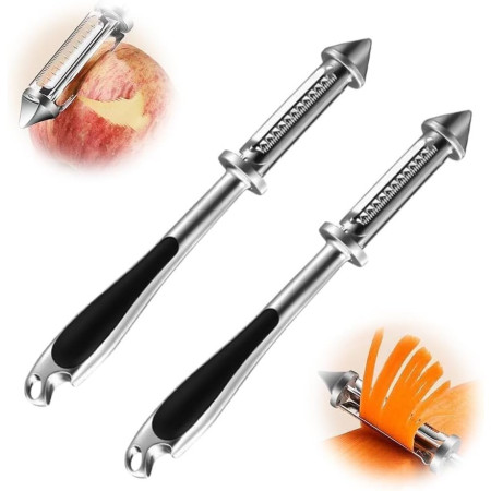 Peeler 2in1 pentru Legume si Fructe, Cyrax, Multifunctional, cu 2 Lame de Curatati si Feliat, Varf Ascutit pentru Gaurit, 18 cm, din Otel Inoxidabil, Argintiu/Negru
