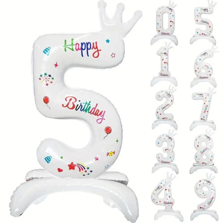 Balon din Folie Metalizata, Cyrax, Figurina Cifra, Model 5 cu Happy Birthday Scris, Tema Aniversare 81 cm, Ambalaj Individual, Pai Inclus, Umflare cu Aer sau Heliu, Alb