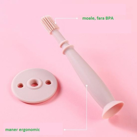 Periuta de Dinti din Silicon pentru Bebelusi, Cyrax, fara BPA, 360 Grade, Bariera Anti-Inghitire, Maner Ergonomic, 12.5 x 15 cm, Roz
