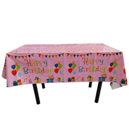 Fata de Masa, Cyrax, din Folie, Imprimeu Happy Birthday cu Baloane, 137 x 183 cm, Roz