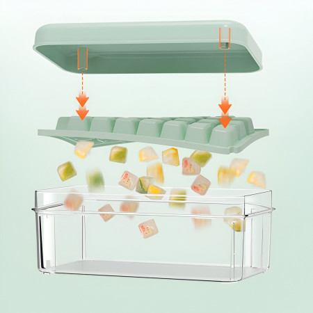 Set Cutie pentru Gheata, Cyrax, Uz Casnic, Doua Tavite pentru Cuburi, Capac Etans, Lopata, 23.5x13.3x10 cm, Verde