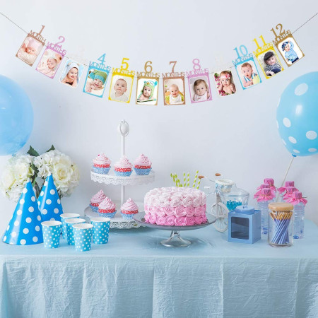 Banner pentru Poze, Cyrax, 15.2x10.2 cm, Tema Prima Aniversare, Model Primele 12 Luni, Rola Ata Inclusa, Multicolor