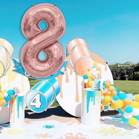 Balon din Folie Metalizata Cyrax, Figurina Cifra, Tema Aniversare 100 cm, Ambalaj Individual, Pai inclus, Umflare cu Aer sau Heliu, Coral, Rose Gold, Cifra 8