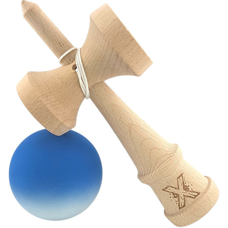 Kendama X Originala, Profesionala, Cyrax, din Lemn, Rubber Grip, 18 cm, Albastru/Alb
