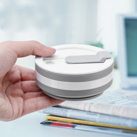 Pahar pliabil din silicon Cyrax, prentru calatorii, 350 ml, pai inclus, 9 x 9.2 cm, gri