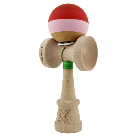 Kendama X Originala, Profesionala, Cyrax, Rubber Grip, Cupe Mari KING SIZE V3, Gaura in Baza, Rulment Metalic, din lemn 18 cm, Ata 62/65 cm, Special Rosu/Roz/Maro