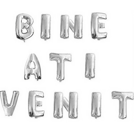 Set Baloane din Folie Metalizata, Cyrax, Figurine Litere, Model Bine Ati Venit, Tema Aniversare, 40 cm, Ambalaj Individual, Pai inclus, Umflare cu Aer sau Heliu, Argintiu