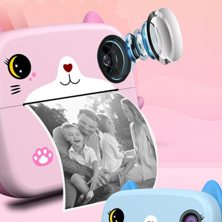 Camera Instantanee pentru Copii, Cyrax, cu Functie de Printare, Camera Frontala + Selfie, Cablu USB-C, Bluetooth, Compatibil iOS/Android, Imprimare APP, Model Pisica, Roz