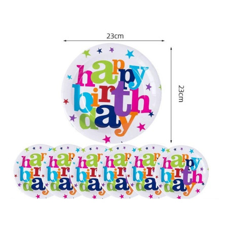 Set 6 Farfurii Unica Folosinta, Cyrax, Imprimeu Happy Birthday, din Carton, Diametru 23 cm, Multicolor