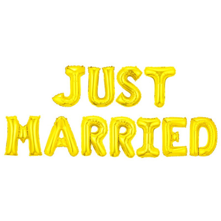 Set Baloane din Folie Metalizata, Cyrax, Model Just Married, Litere de 40 cm, Baloane Party, Ambalaj Individual, Pai, Ata si Adeziv Incluse, Umflare cu Aer sau Heliu, Auriu
