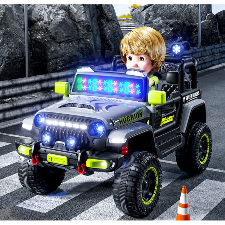 Masina Electrica pentru Copii, Cyrax, Off-Road, Conectare Bluetooth, telecomanda, Tractiune Spate, Lumina Intermitenta, Baterie 12V 7Ah, 120 x 63 x 68cm, Gri