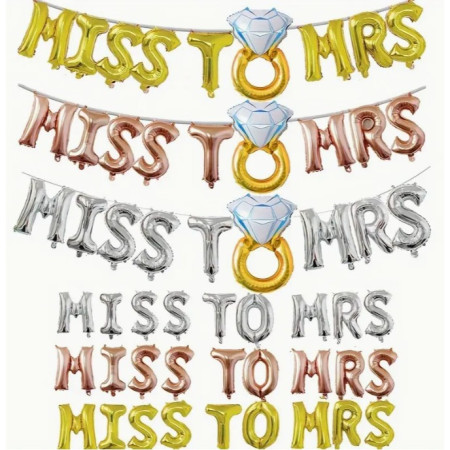 Set Baloane din Folie Metalizata, Cyrax, Model Miss to Mrs cu Inel de Logodna, Litere de 40 cm, Tema Iubire, Baloane Party, Ambalaj Individual, Pai Inclus, Umflare cu Aer sau Heliu, Argintiu