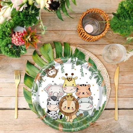 Set 10 Farfurii Unica Folosinta, Cyrax, Imprimeu Jungle, din Carton, 22 cm, Verde