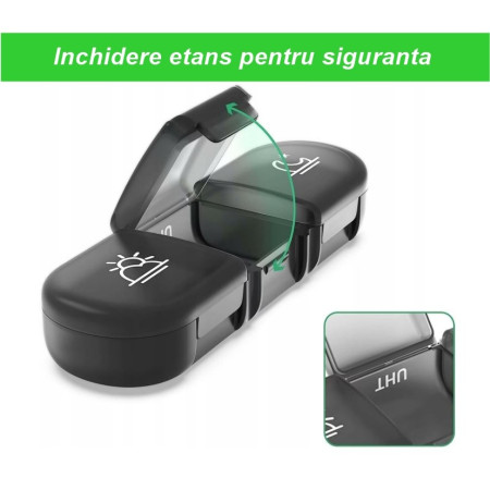 Cutie Depozitare Medicamente,  7 Zile, 21 Compartimente, Cutie Suport, Recipiente Detasabile, Portabila, Negru, 15.6x12 cm