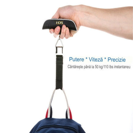 Cantar Digital de Mana Curea, Cyrax, Cantar Portabil, Cantarire Bagaje, Capacitate 50 kg, Functie de Tara, 12.5 x 2.8 x 2.8 cm, Alb-Negru