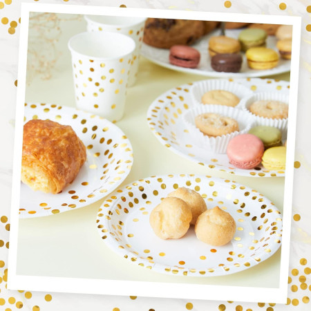 Set 10 Farfurii Unica Folosinta, Cyrax, Imprimeu cu Buline, din Carton, Diametru 18 cm, Alb/Auriu