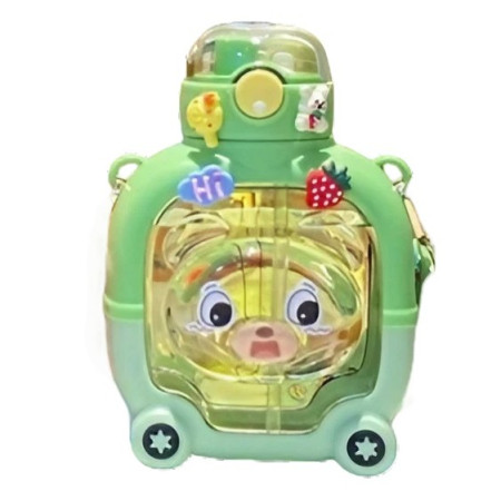 Sticla cu pai pentru copii, Cyrax, model ursulet, gradata, stickere aplicate, curea reglabila, din plastic rezistent la cadere, 1l, Verde, 20 x 13 cm