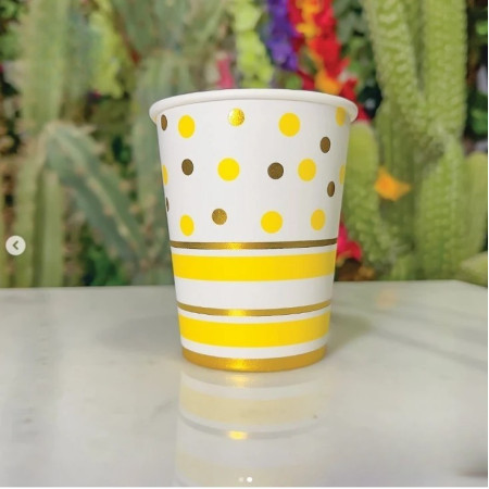 Set 10 Pahare, Cyrax, Imprimeu cu Buline si Dungi, din Carton, 250 ml, 7.5 x 8.5 x 5.2 cm, Galben/Auriu