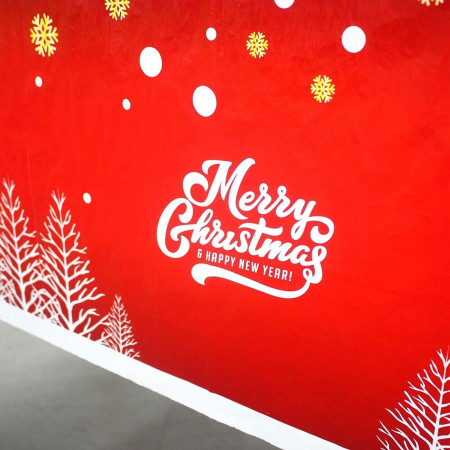 Fata de masa dreptunghiulara Cyrax, PVC, 2.5 mm grosime, imprimeu Merry Christmas, potrivit pentru Craciun, utilizare multipla, 180 x 108 cm, alb
