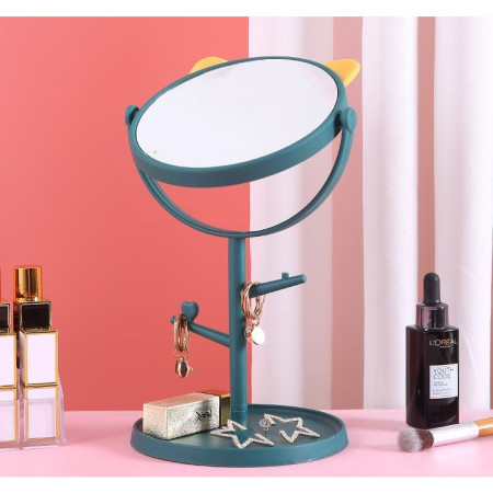 Oglina Cosmetica cu Picior, Cyrax, HD, Rotire 360 Grade, 15 cm Diametru, Suport Bijuterii Baza Rotunda + 2 Brate, Model cu Urechi, 31 x 14.5 x 15 cm, din Plastic, Albastru/Galben