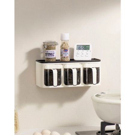Cutie de Depozitare a Condimentelor, Cyrax, de Uz Casnic, Montare pe Perete, 3 Compartimente, 25.8 x 13.6 x 10.5cm, Alb-Negru