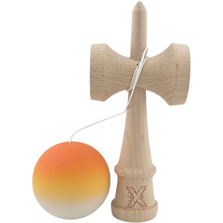 Kendama X Originala, Profesionala, Cyrax, din Lemn, Rubber Grip, 18 cm, Portocaliu/Galben/Alb
