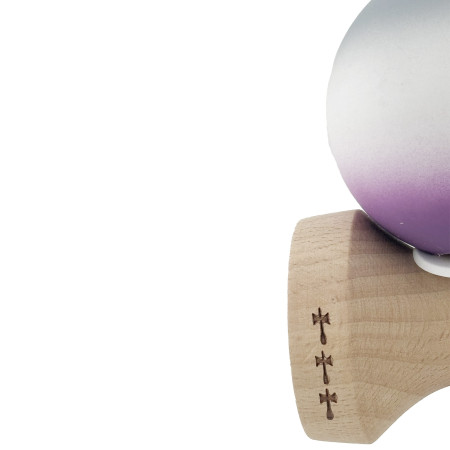 Kendama X Originala, Profesionala, Cyrax, Rubber Grip, Cupe Mari KING SIZE V3, Gaura in Baza, Rulment Metalic, din lemn 18 cm, Ata 62/65 cm, Gradient Gri/Alb/Mov