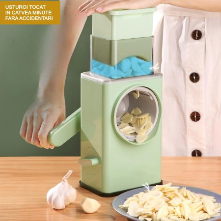 Feliator manual pentru legume Cyrax, 3 lame din otel inxodabil, 3 tipuri de feliere, material carcasa ABS, latime maxima feliere 4 mm, baza de tip ventuza, usor si sigur de utilizat, 28.5 x 9,2 x 13.5 cm, verde