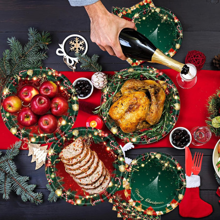 Set 119 Piese, Cyrax, pentru Masa de Craciun, Farfurii 18 cm, Farfurii 23 cm, Pahare, Servetele, Tacamuri, Fata de Masa, Ghirlanda, Paie, Rosu/Verde