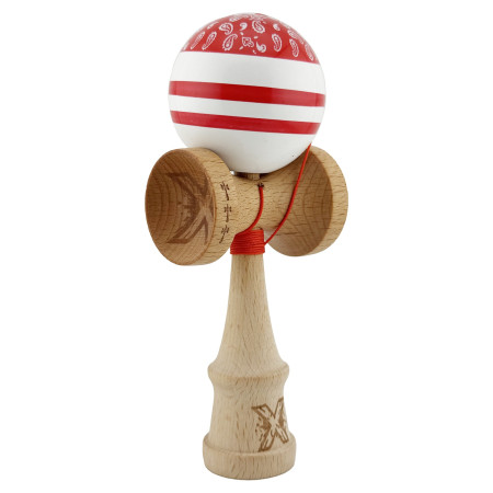 Kendama X CHICANOS Originala, Profesionala, Cyrax, Big Cups V2, Super Sticky cu Cupe Mari, Rulment Metalic, din lemn 18 cm, Ata 55 cm, Rosu/Alb