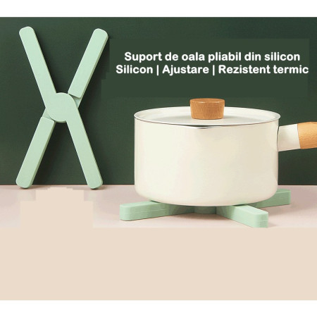 Suport pliabil din silicon pentru vase fierbinti Cyrax, portabil, usor de depozitat, rezistent la temperaturi foarte ridicate, 14.5 x 7.5 x 1.6 cm, antialunecare, verde