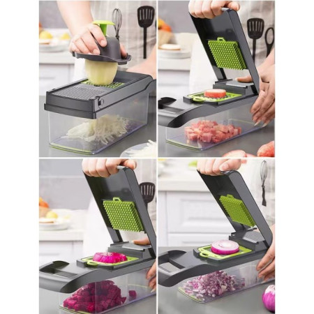 Feliator Multifunctional, Cyrax, Razatoare, 8 in 1, pentru Fructe si Legume, 10 Piese, Lame de Inox, Recipient Stocare, Separator Oua, Protectie Mana, ABS, 32.2x11.3 cm, Verde/Gri