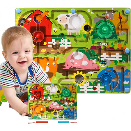 Joc Montessori de Sortare Culori, Cyrax, Creion Magnetic, Tip Labirint Ilustrat, din Lemn, Model Ferma, 39x29x1.5 cm