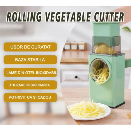 Feliator manual pentru legume Cyrax, 3 lame din otel inxodabil, 3 tipuri de feliere, material carcasa ABS, latime maxima feliere 4 mm, baza de tip ventuza, usor si sigur de utilizat, 28.5 x 9,2 x 13.5 cm, verde