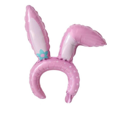 Balon din Folie Metalizata, Cyrax, Tip Coronita cu Urechi, Model Iepure, Ambalaj Individual, Pai Inclus, Umflare cu Aer sau Heliu, 38 x 45 cm, Roz