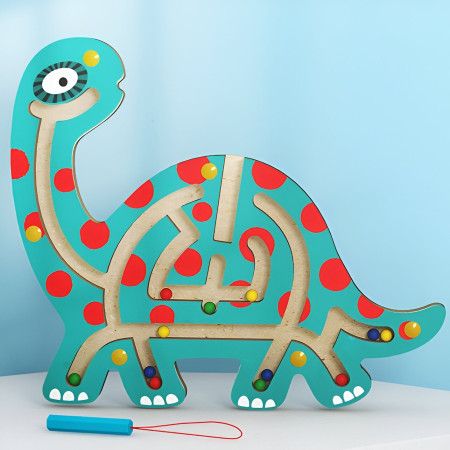 Joc Montessori cu Bile, Cyrax, Creion Magnetic, Tip Labirint, din Lemn, Model Brontozaur, 18x21 cm, Verde