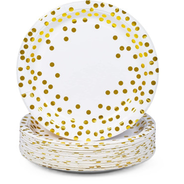 Set 10 Farfurii Unica Folosinta, Cyrax, Imprimeu cu Buline, din Carton, Diametru 18 cm, Alb/Auriu