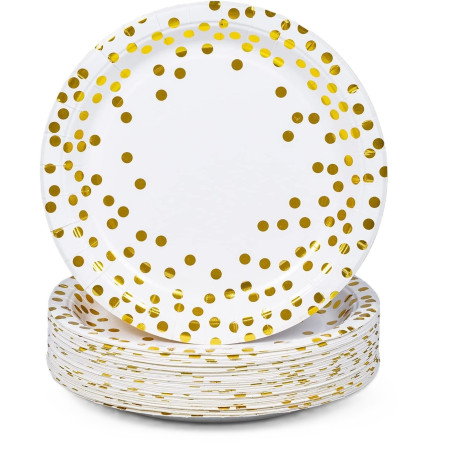 Set 10 Farfurii Unica Folosinta, Cyrax, Imprimeu cu Buline, din Carton, Diametru 18 cm, Alb/Auriu