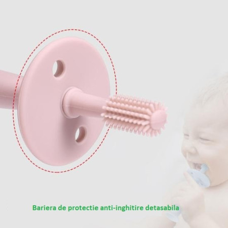 Periuta de Dinti din Silicon pentru Bebelusi, Cyrax, fara BPA, 360 Grade, Bariera Anti-Inghitire, Maner Ergonomic, 12.5 x 15 cm, Roz