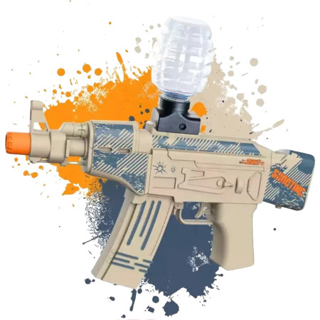 Mitraliera de jucarie electrica Cyrax cu bile de hidrogen de gel, gun bluster, tragere in rafala, varsta peste 6 ani, ochelari de protectie,  5000 de bile incluse, cablu de incarcare, 28x31 cm, AK47, crem